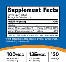 Load image into Gallery viewer, Nutricost Vitamin K2 (MK7) (100mcg) + Vitamin D3 (5000 IU) 120 Softgels - Gluten Free and Non-GMO
