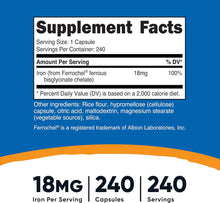 Load image into Gallery viewer, Nutricost Iron Supplement from Ferrochel Ferrous Bisglycinate Chelate, 18mg, 240 Capsules, Non-GMO &amp; Gluten Free (Ferrochel Iron)
